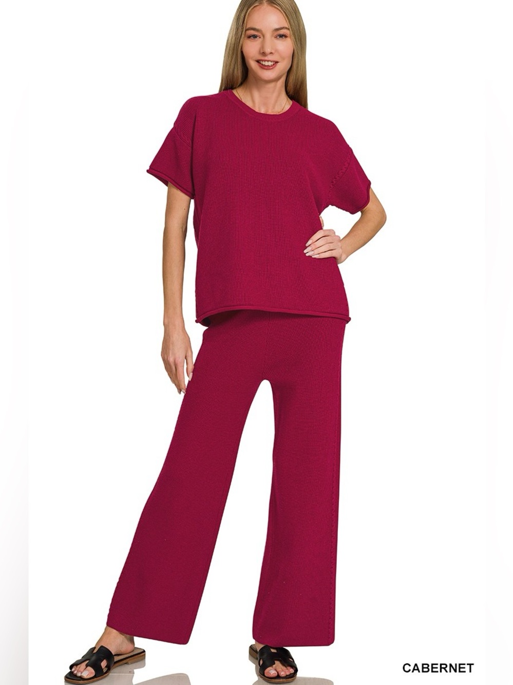 Zenana Viscose Round Neck Top & Pants Set – Cabernet 🍷🛍️